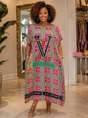 🔥Batik Sumi Statement Afghan Dashiki Dress Colorful Logo Print, One Size